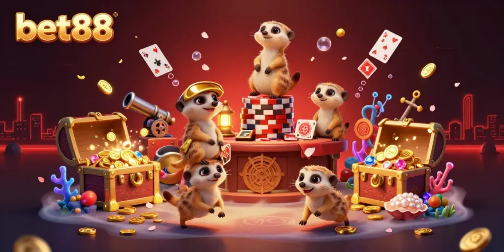 Bet88 showcases a whimsical meerkat casino scene featuring playful characters amidst vibrant treasures.