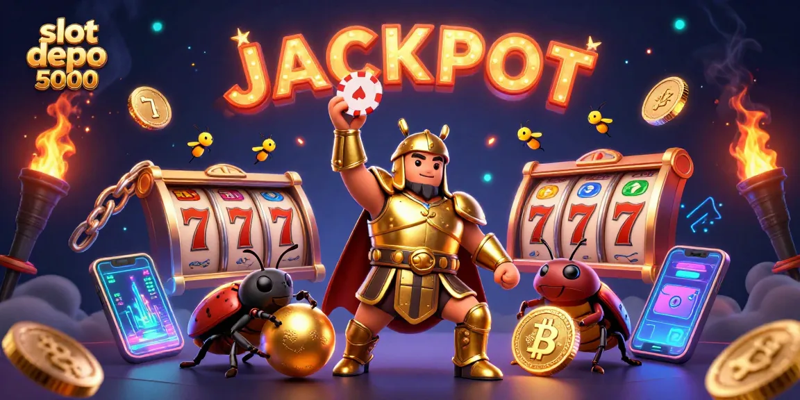 Experience the thrill of slot depo 5000 with winning jackpots, as illustrated by the triumphant beetle in gladiator armor.