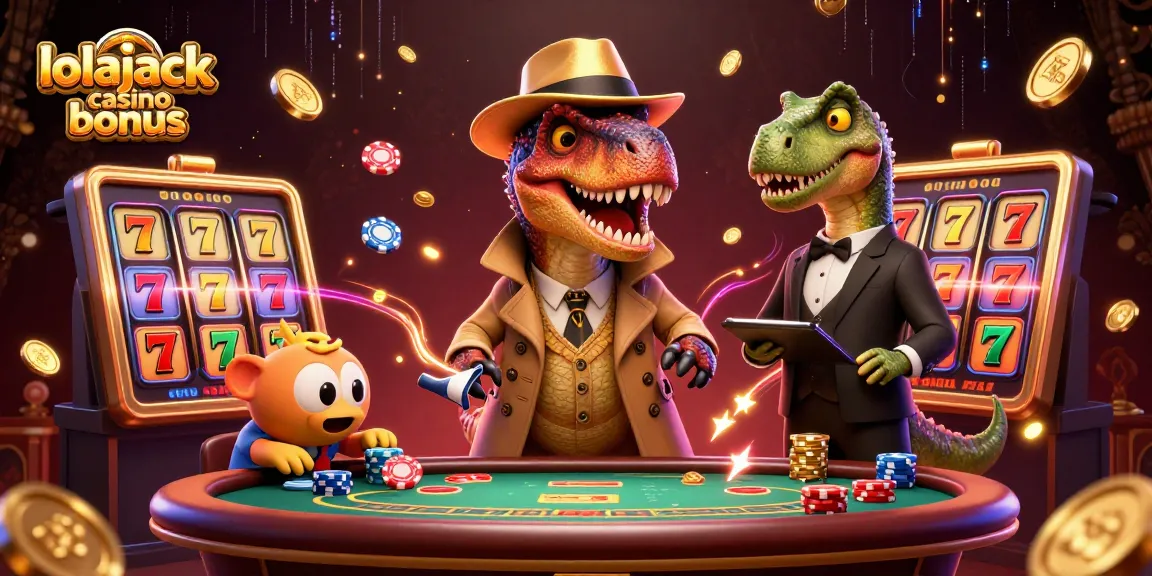 Lolajack casino bonus showcased in a thrilling casino scene featuring a velociraptor, stegosaurus, and compy