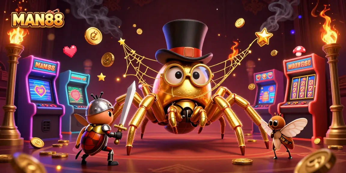 Experience thrilling wins at MAN88 with a vibrant casino scene featuring slots and lucky elements.
