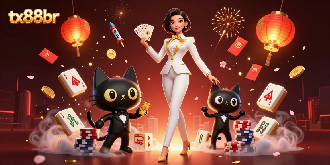 Feel the excitement at tx88br as a glamorous dealer shuffles cards with a playful cat in a casino setting.