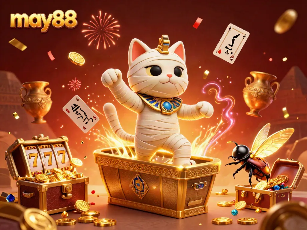 Play exciting games at may88 with our Egyptian mummy cat and glowing scarab beetle in a vibrant casino.