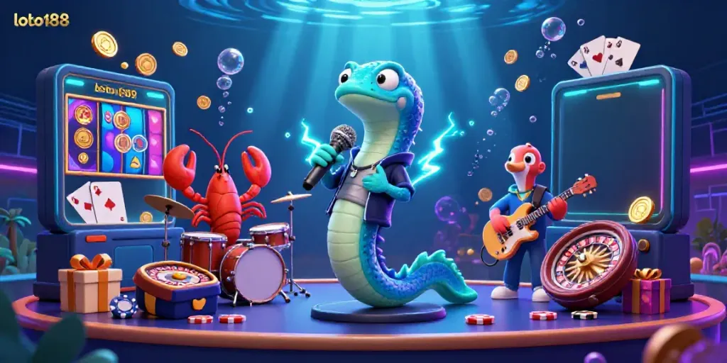 Experience thrilling gaming at loto188 with vibrant underwater casino scene featuring electric eel DJ and casino elements.