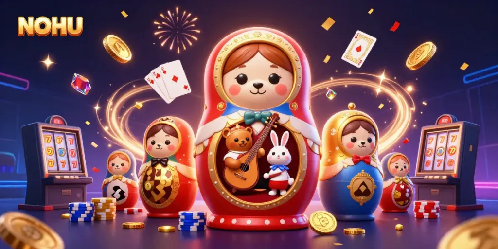 Experience thrilling casino excitement with NOHU's vibrant gaming community and colorful characters.