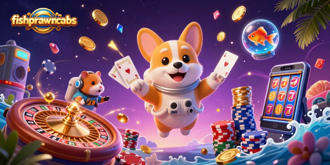 Fishprawncrabs featuring a playful corgi astronaut gambling in a cosmic casino.