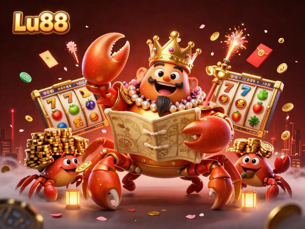 Engage with Lu88's vibrant online gaming scene featuring a golden crab emperor, slot reels, and festive elements.
