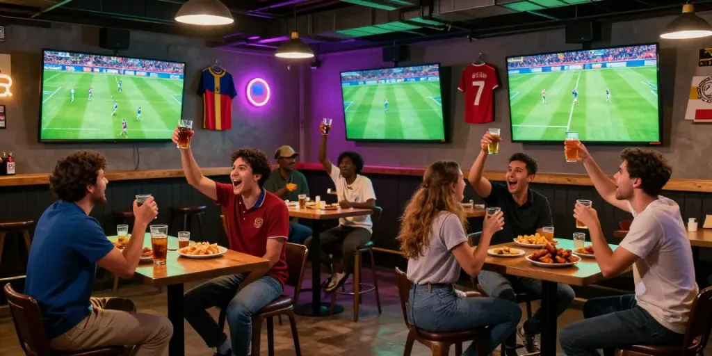 Socolive brings fans together in a lively sports bar experience, cheering for their favorite soccer teams.