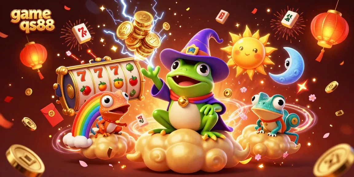 Experience game qs88 with thrilling slot reels and vibrant casino-themed characters in a magical setting.