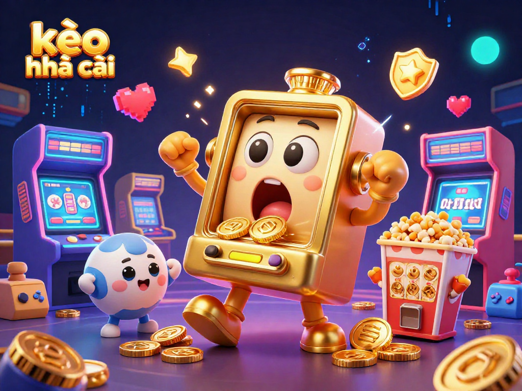 Engaging kèo nhà cái scene showcasing a golden slot machine overflowing with coins amidst vibrant gambling elements.