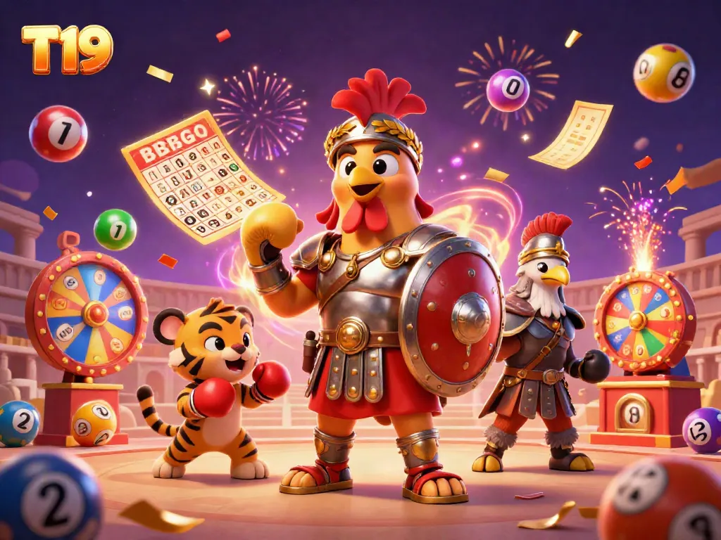 Experience the excitement of T19 casino games with a gladiator rooster and unique gaming elements.