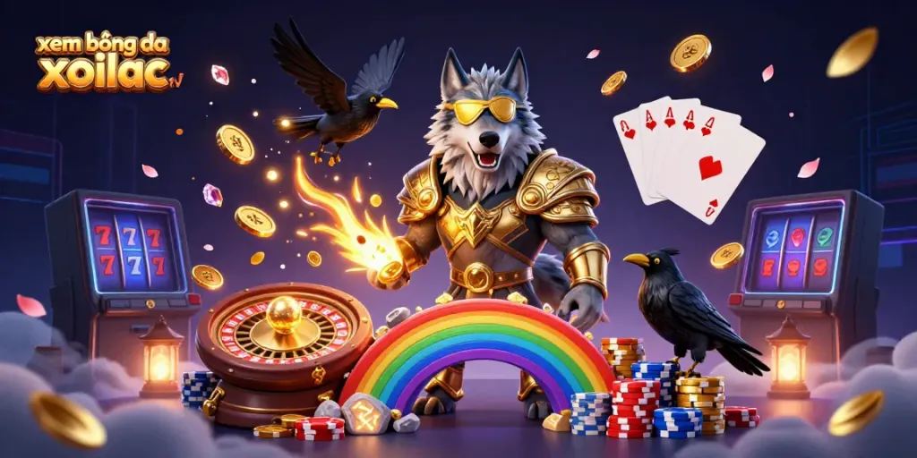 Experience the excitement of xem bóng đá xoilac tv with dynamic gambling elements in a 3D artistic scene.