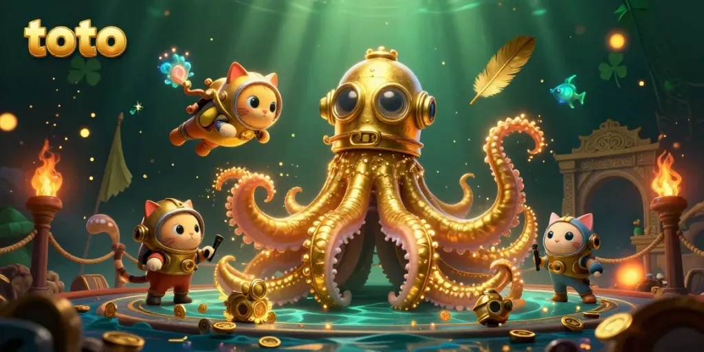 Engage with toto and explore the casino magic of a kraken and diving cat in a treasure-filled ocean.