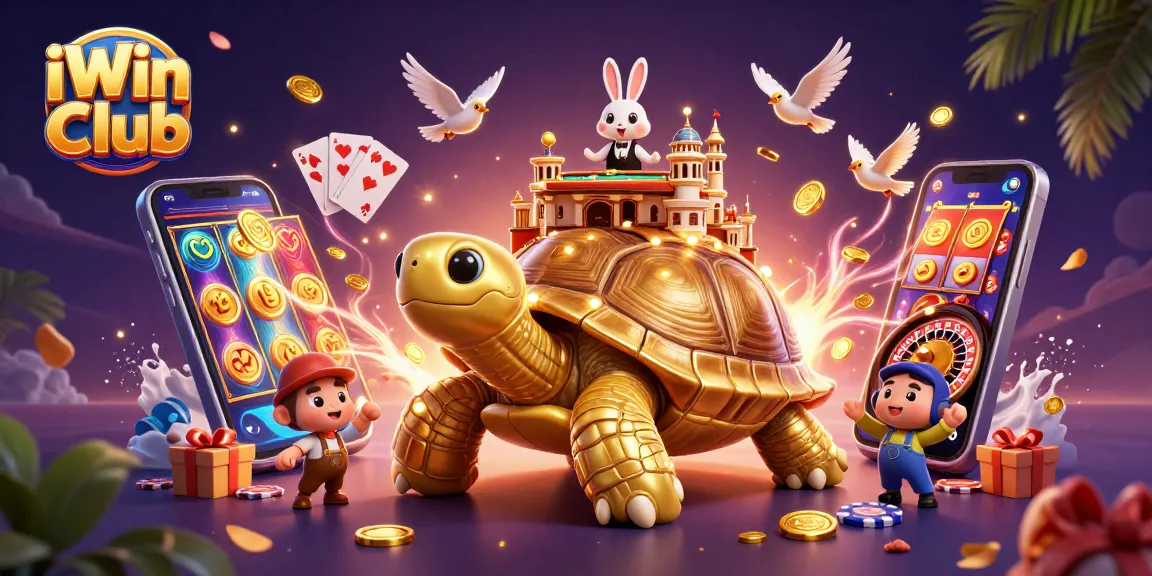 Engage with the vibrant world of iWin Club featuring a golden tortoise casino with playful characters and dynamic game elements.