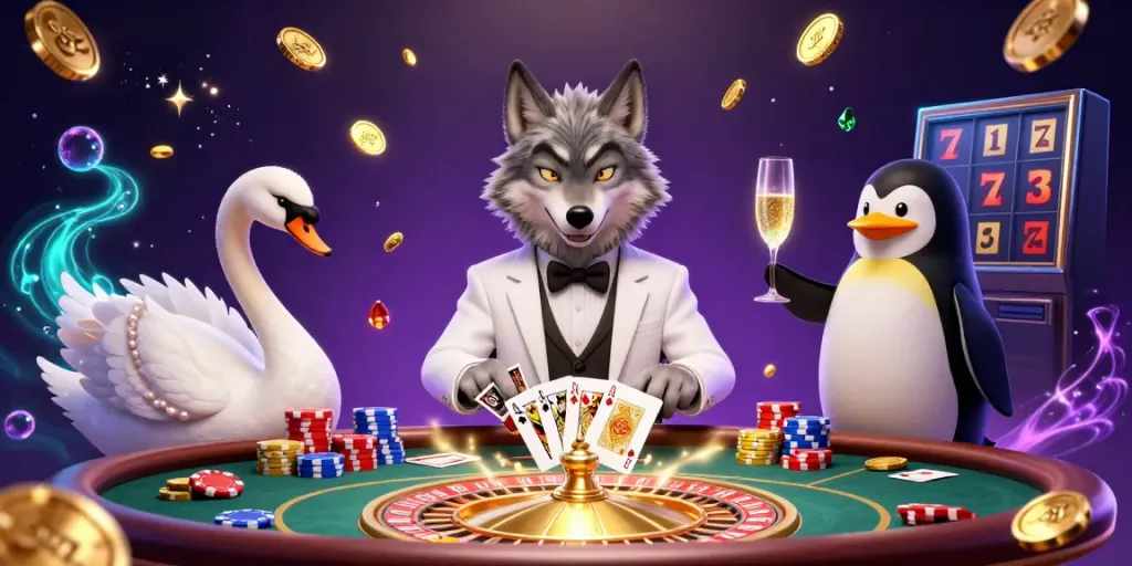 Experience thrilling baccarat gameplay at Sunwin with a dynamic scene featuring charming characters, coins, and cards