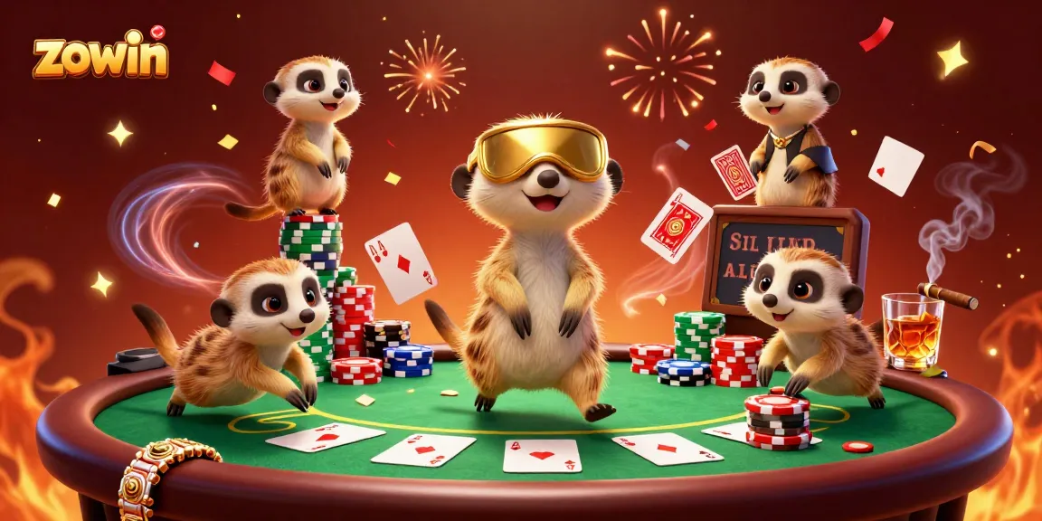 Zowin enhances the gaming experience with meerkats managing a vibrant casino, showcasing various poker elements.