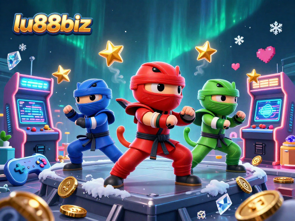 Experience the thrill of gaming at lu88biz with ninja chameleons amidst vibrant casino elements in a captivating illustration.