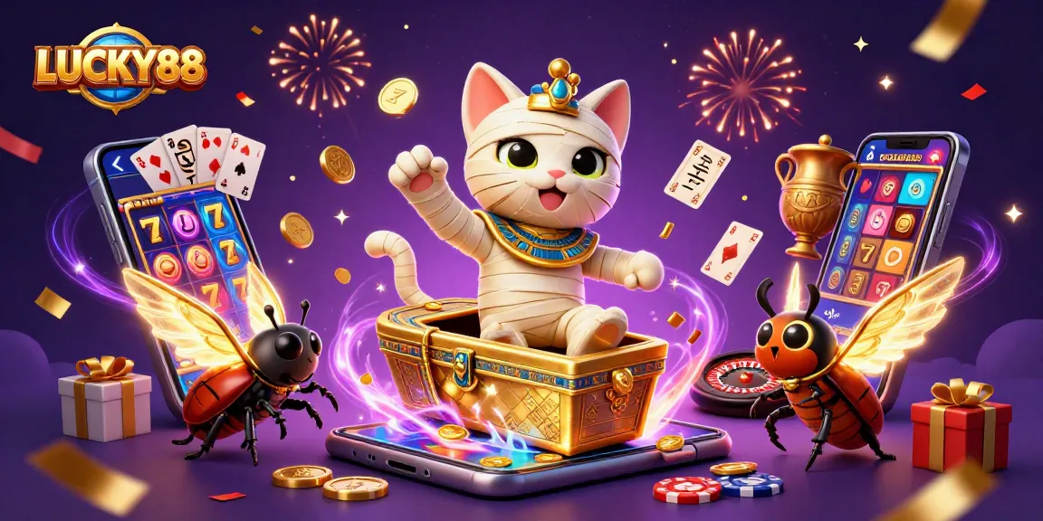 Win big with LUCKY88 as the Egyptian mummy cat and scarab beetle burst into a vibrant casino scene.