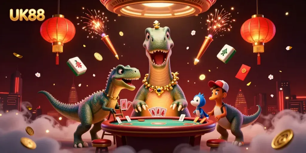 Experience the excitement of UK88 with a vibrant casino scene featuring a giant brontosaurus and a clever raptor!