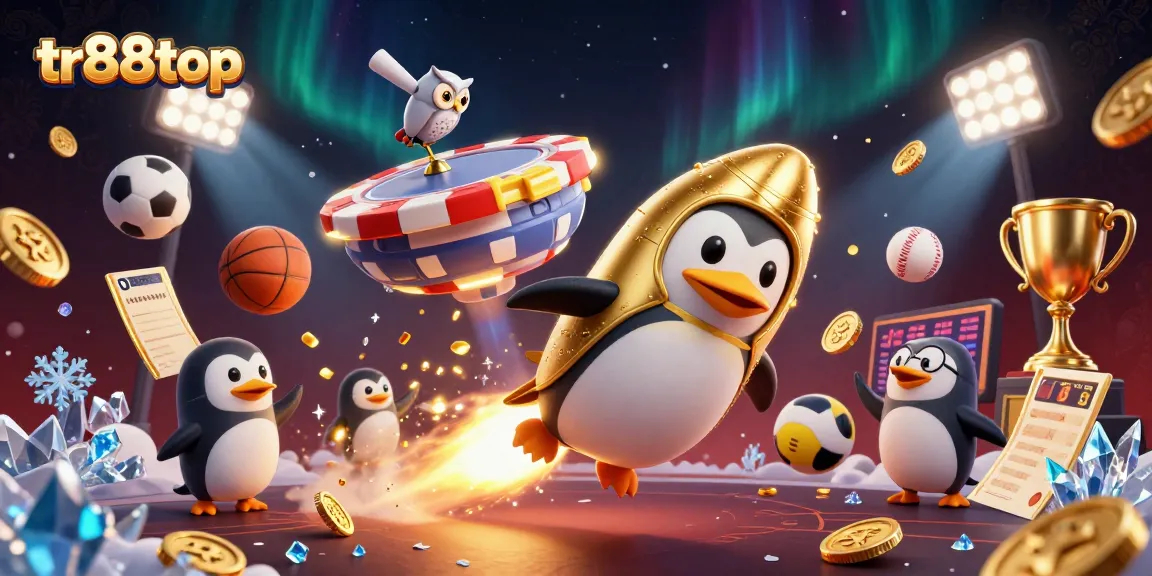 Experience thrilling gameplay at tr88top with a dynamic scene of a golden penguin and casino elements.