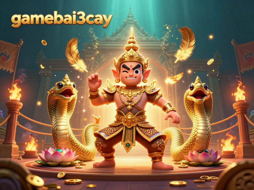 Gamebai3cay showcases an energetic 3D scene with Thai guardians, gambling elements, and vibrant effects.