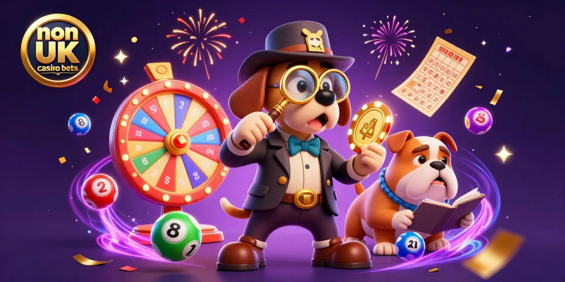 Engage in exciting non UK casino bets with a 3D detective exploring poker chips and vibrant game elements.