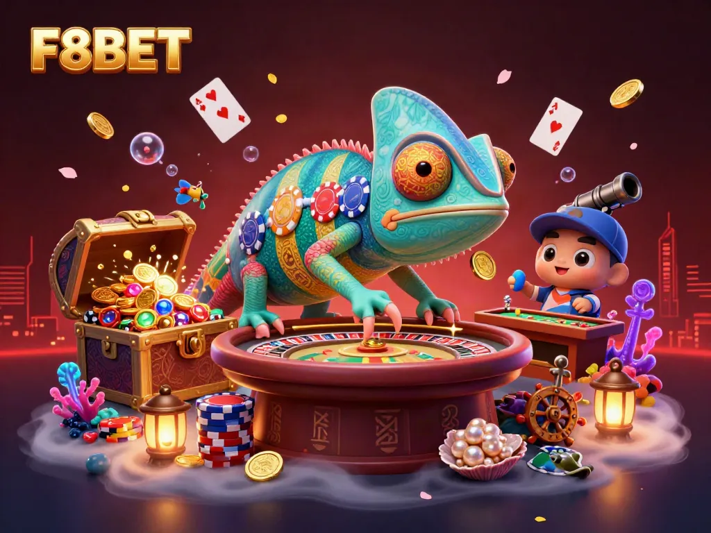 Engage with F8BET's vibrant casino world, where a chameleon owner captures golden coins in an immersive 3D digital art scene.