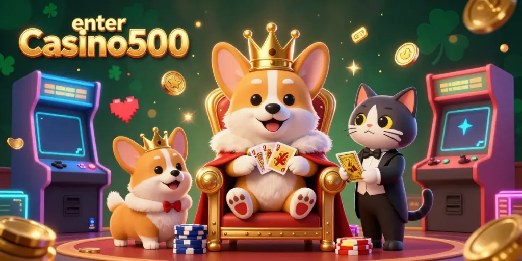 Join the excitement and instantly enter Casino500 with a royal corgi sitting on poker chips; vibrant gaming elements surround a lively casino.