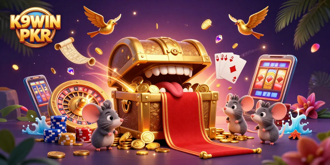 Engage with K9WIN PKR's vibrant 3D casino world featuring a treasure chest and dynamic game elements.