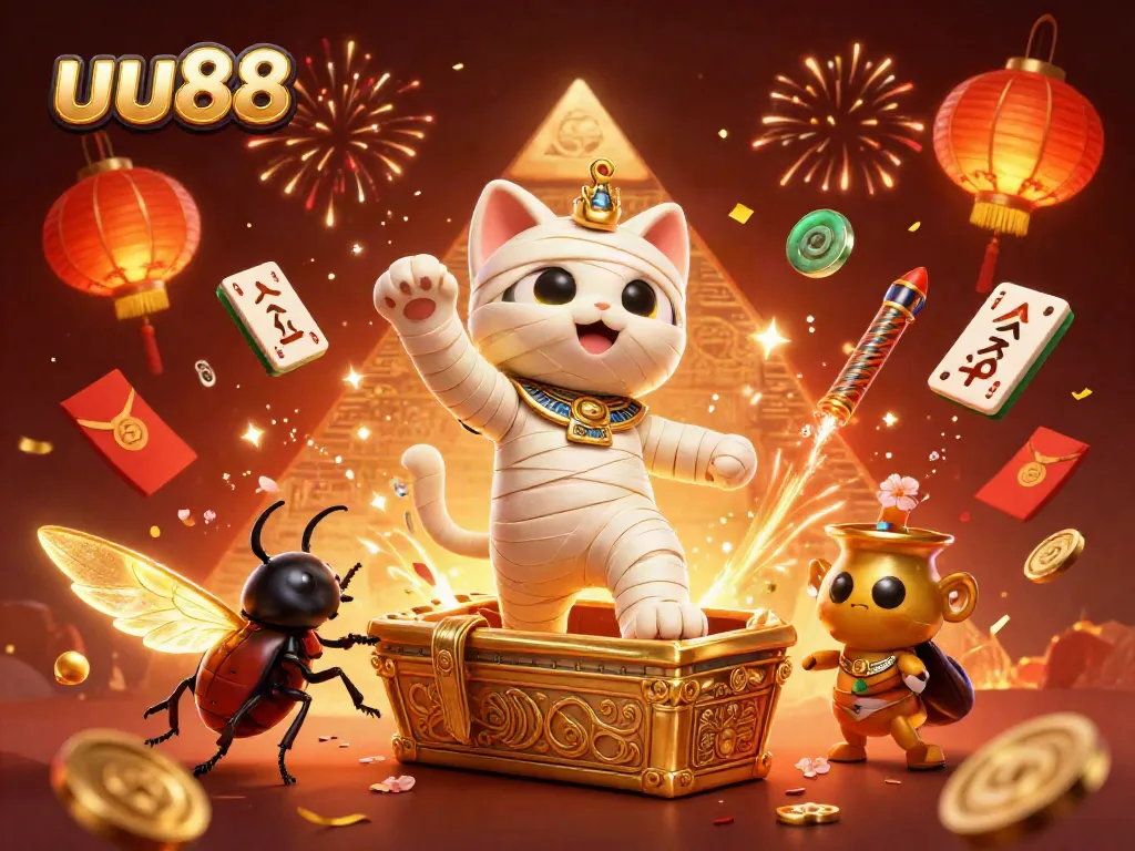 Experience the excitement of uu88 with an energetic casino scene featuring a mummy cat and scarab!