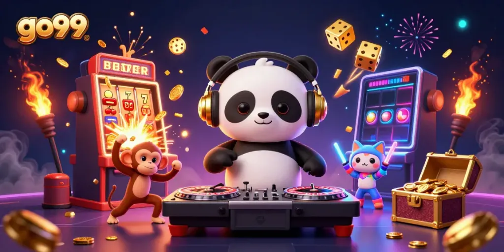 Experience the excitement of go99 with a vibrant DJ panda and lively casino elements spinning and dancing.