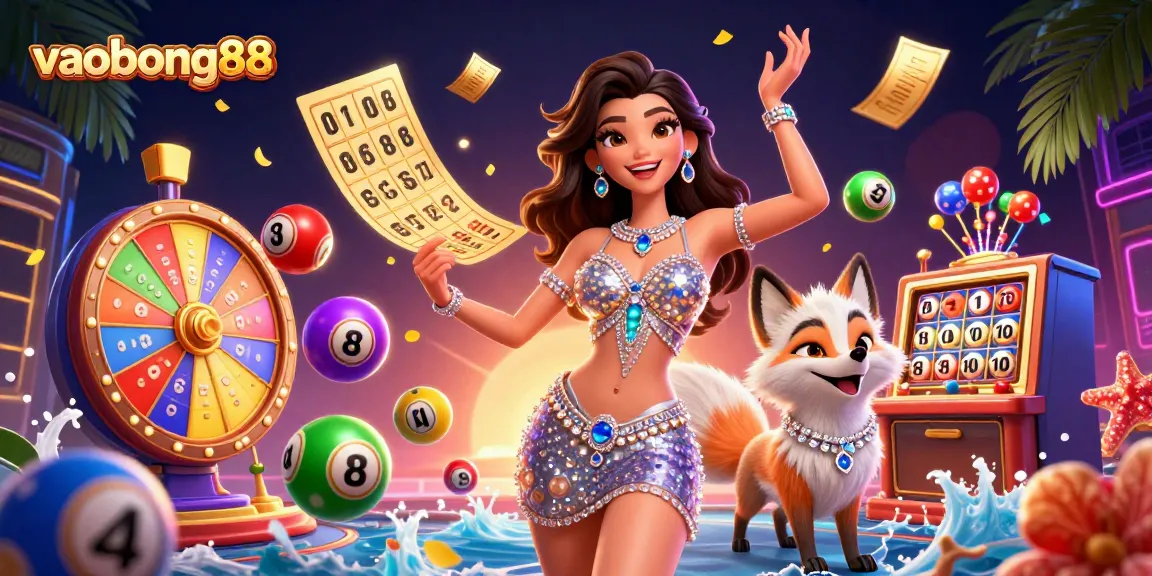Play exciting games at vaobong88 with vibrant numbers and dynamic lottery elements surrounding a glamorous casino scene.