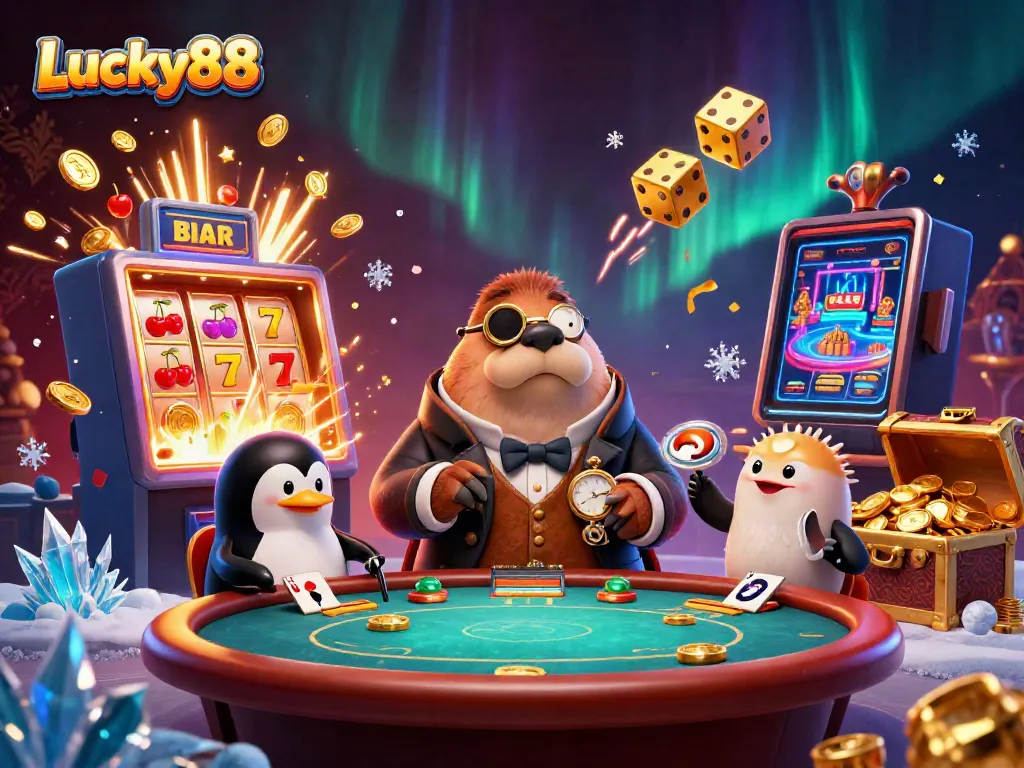 Experience Lucky88's underwater poker scene with a jolly walrus and vibrant game elements bursting with excitement.