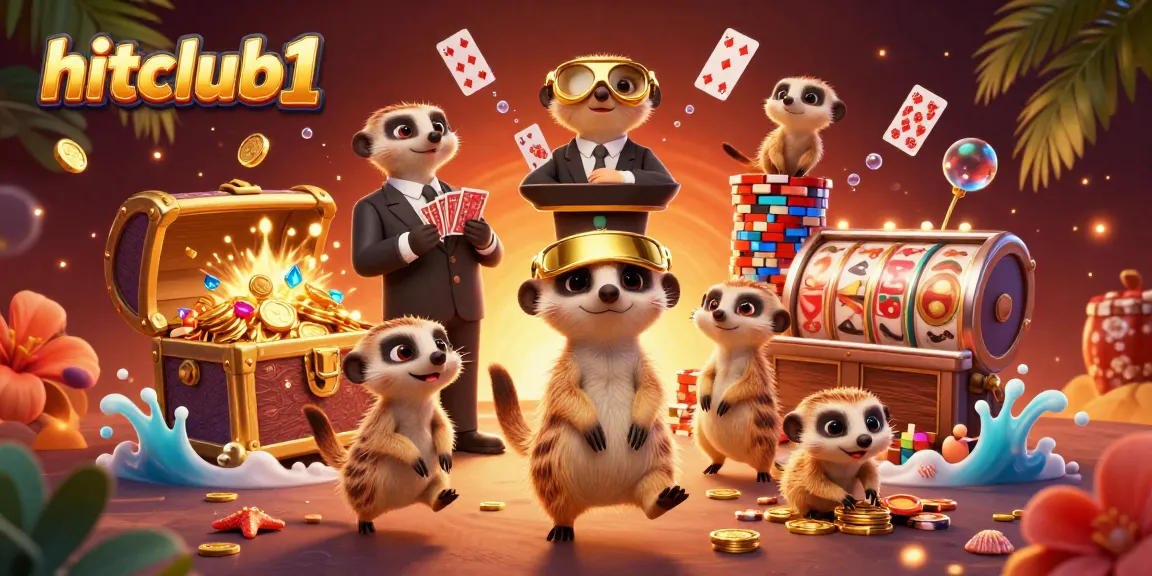 Hitclub1 showcases a lively casino scene with meerkats operating games and treasure-themed elements.