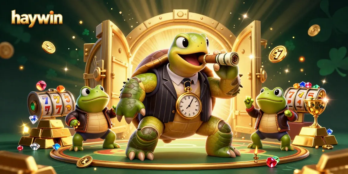 Join the fun at haywin as our cartoon turtle casino boss encounters exciting slot reels and treasures.