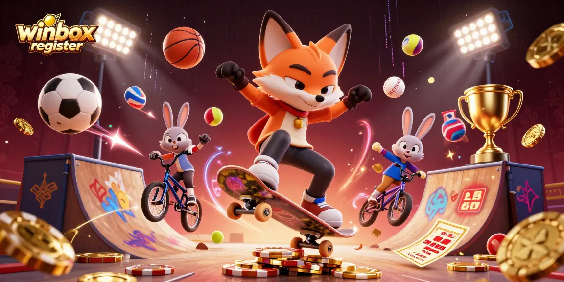 Winbox register with a 3D fox and rabbit in a dynamic casino scene, showcasing gaming excitement.