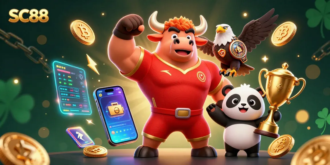 Play exciting games at SC88 with a dynamic scene featuring a bull mascot, eagle, and panda, surrounded by colorful casino elements.