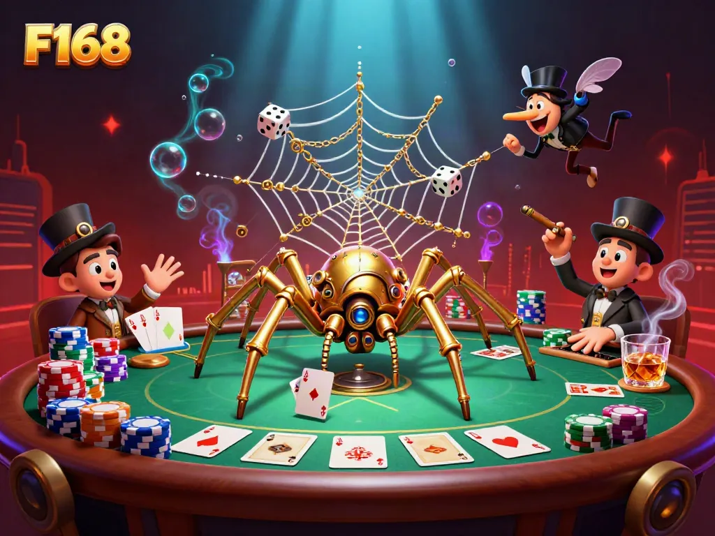 Engage with F168's gaming universe through an intricate 3D scene depicting a steampunk spider and Victorian fly gentleman amidst vibrant casino elements.