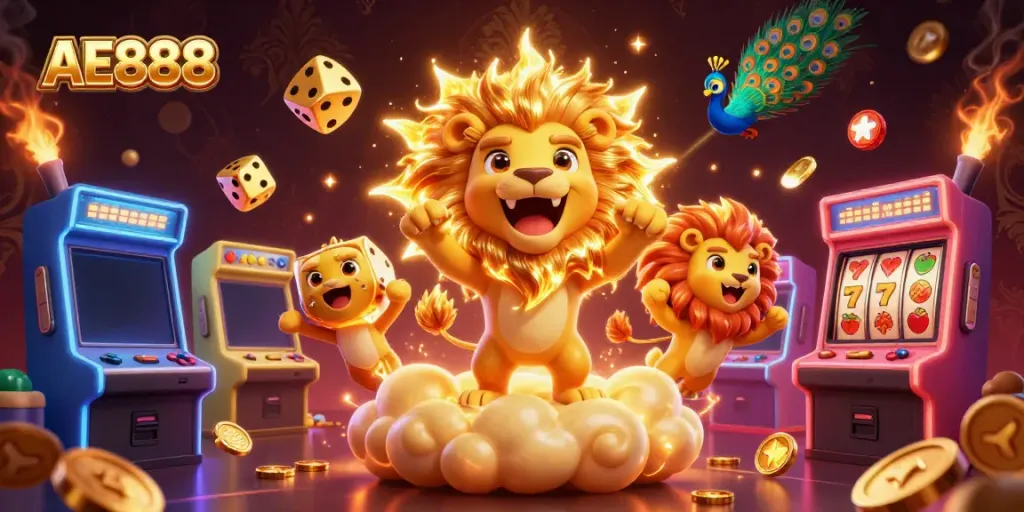 Engage with AE888 casino excitement through vibrant 3D illustration showcasing gaming adventures and colorful slots.