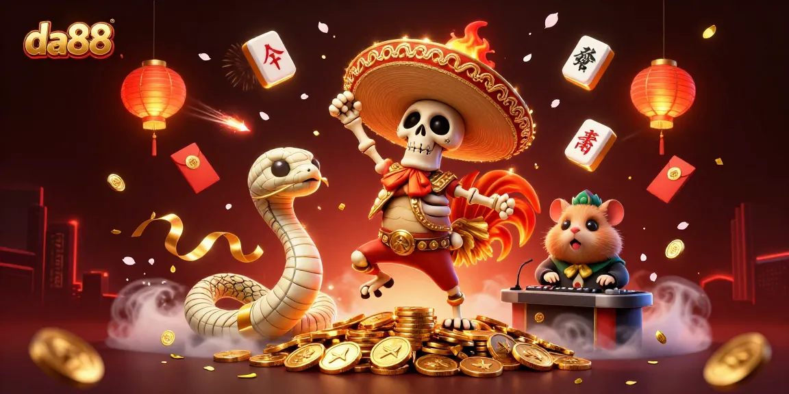 da88 casino scene featuring a lively rooster dancer, mummy snake, and DJ hamster amidst festive decorations