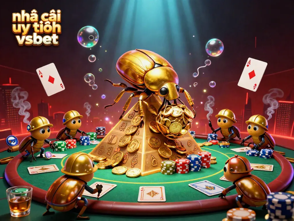 Experience the vibrant action of nhà cái uy tín vsbet with golden beetles and casino elements in 3D illustration.