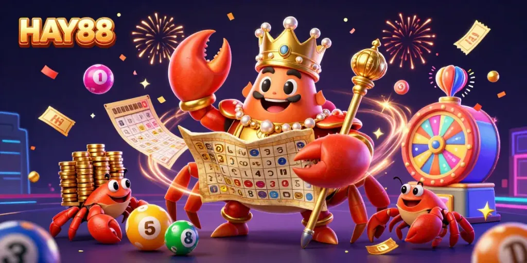 Experience HAY88's vibrant casino world with a golden crab emperor, confetti, and dynamic lotteries.