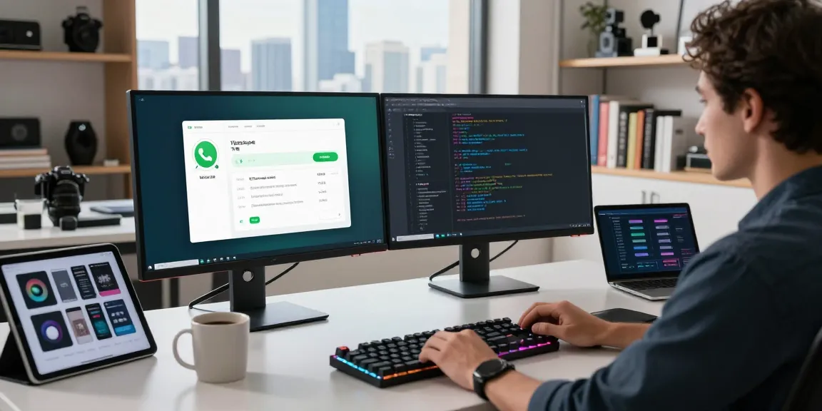 Developer working on WhatsApp下載 app design in a modern tech office