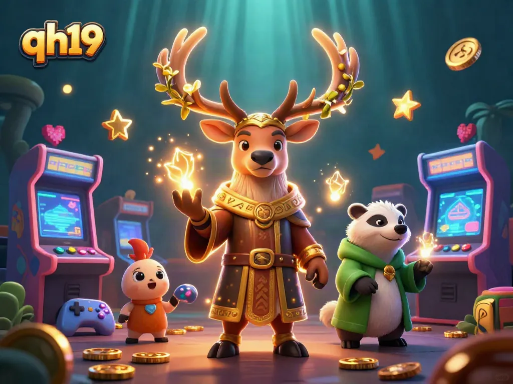 Play exciting games at qh19 with the druid stag and badger amidst glittering casino elements.