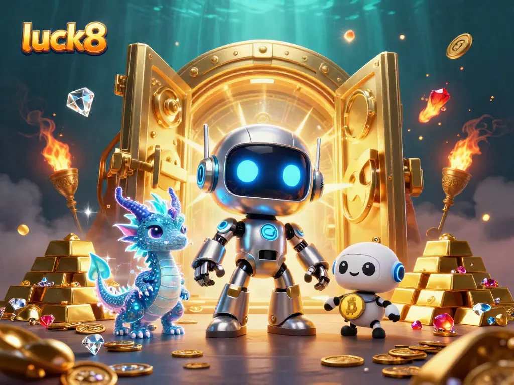 Experience luck8 with a vibrant 3D illustration of a cyberpunk robot, showcasing dynamic game elements.