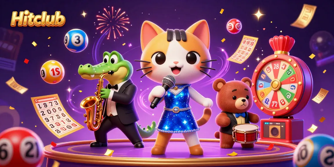 Hitclub's exciting scene features a singing cat and entertaining characters amidst vibrant lottery elements.