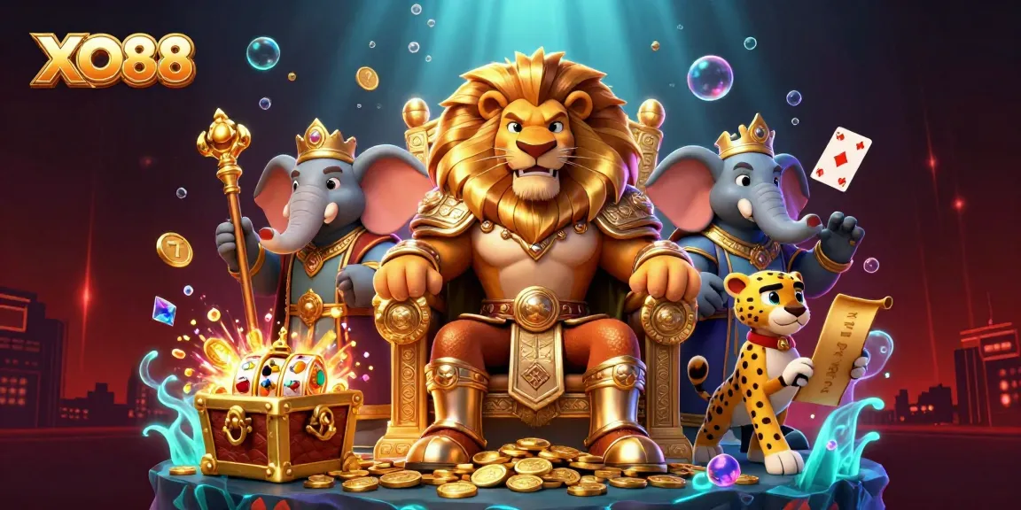 XO88 lion king and companions amid vibrant 3D casino scene with floating slot machine elements.
