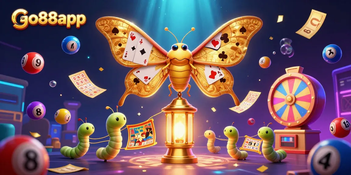 Engage with go88app's vibrant gaming scene featuring a golden-winged moth amidst dynamic casino elements.