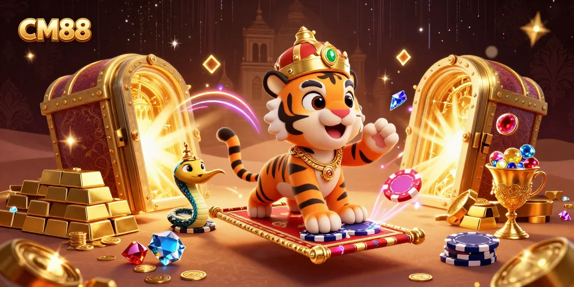 Experience the thrill of CM88 casino on a dynamic scene featuring a tiger sultan and treasures.