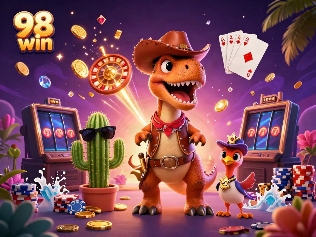 Experience the thrill of 98 win with our colorful, dynamic gambling scene filled with joyful characters and casino elements.