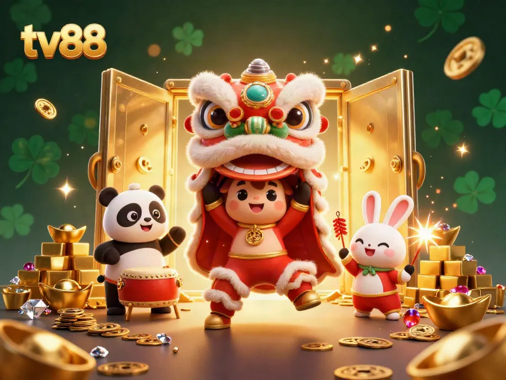 Join the excitement at tv88 with a festive lion dance surrounded by treasures and winning opportunities.
